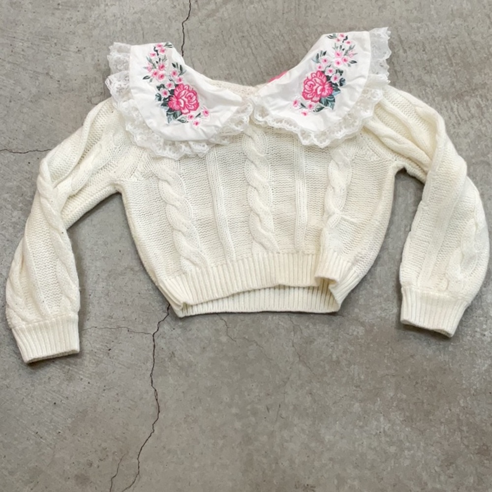 Girls Cream Cable Knit Sweater with Floral Collar